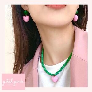 Green and Pink Resin Heart Necklace and Earring Set
